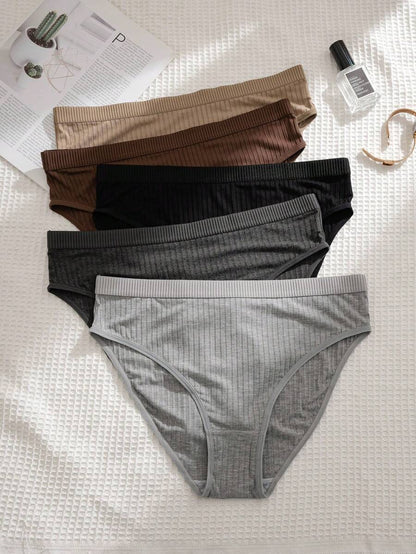 5-Piece Plus Size Ribbed Triangle Panty Set - Soft Leisure Series Mid-Rise Briefs