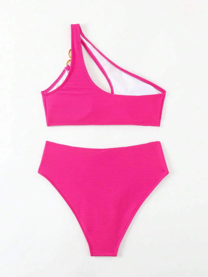 Women's Hollow-Out Monokini Bikini Set - One Shoulder, Chain Link, Asymmetrical Neck, Black
