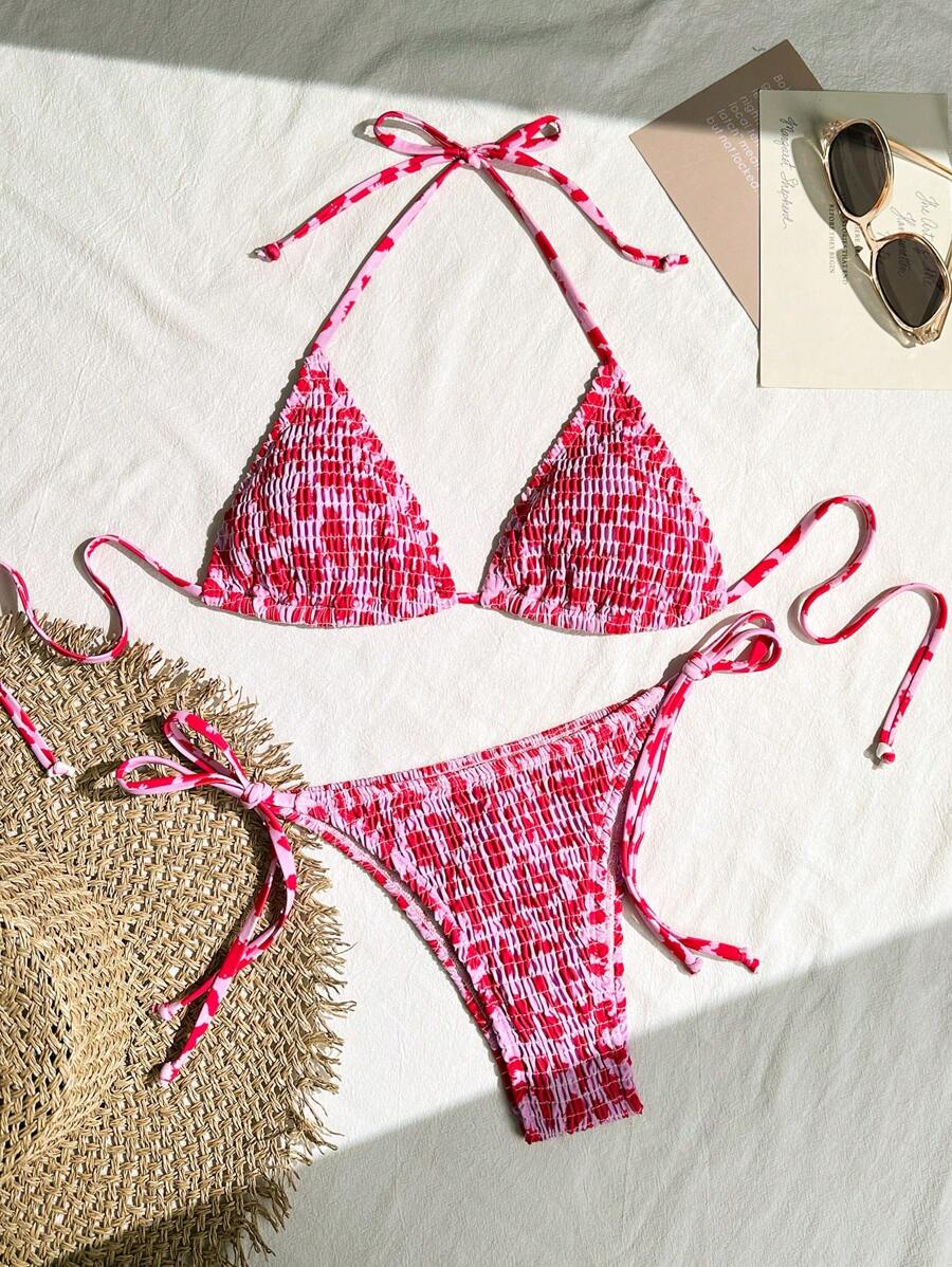 Swim Vcay Women's Ruched Tropical Print Halter Neck Tied Swimsuit And Bikini Set, Summer Beach Vacation