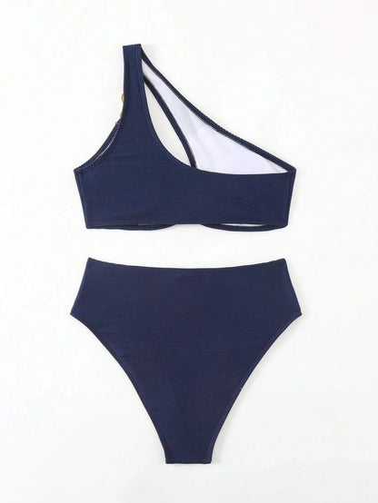 Women's Hollow-Out Monokini Bikini Set - One Shoulder, Chain Link, Asymmetrical Neck, Black
