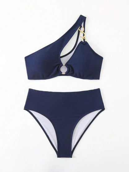 Women's Hollow-Out Monokini Bikini Set - One Shoulder, Chain Link, Asymmetrical Neck, Black