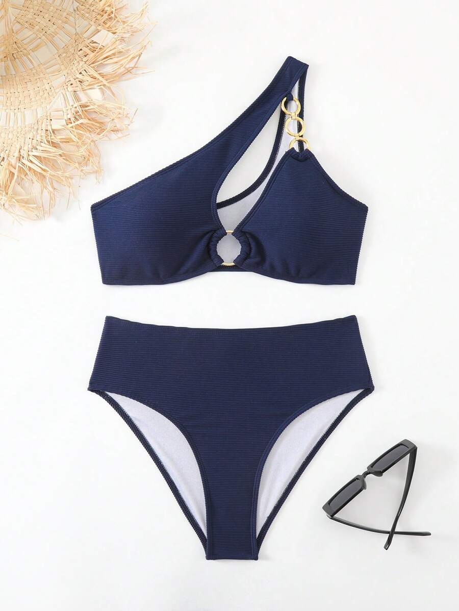 Women's Hollow-Out Monokini Bikini Set - One Shoulder, Chain Link, Asymmetrical Neck, Black