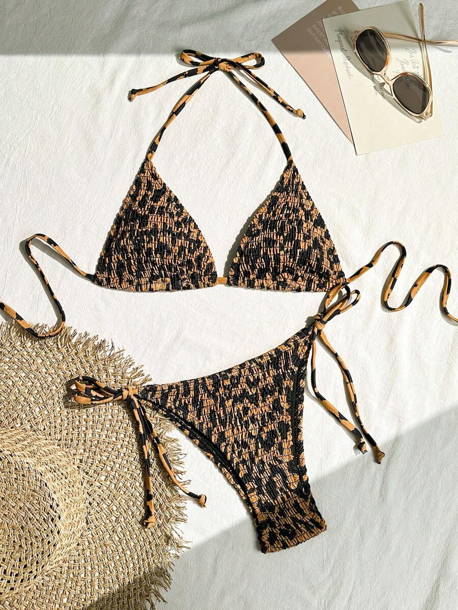 Swim Vcay Women's Ruched Tropical Print Halter Neck Tied Swimsuit And Bikini Set, Summer Beach Vacation