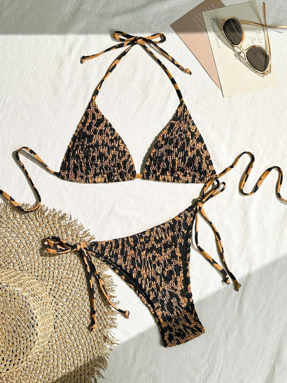 Swim Vcay Women's Ruched Tropical Print Halter Neck Tied Swimsuit And Bikini Set, Summer Beach Vacation