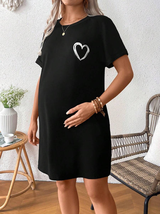Loose Maternity Summer Dress With Heart-Shaped Print