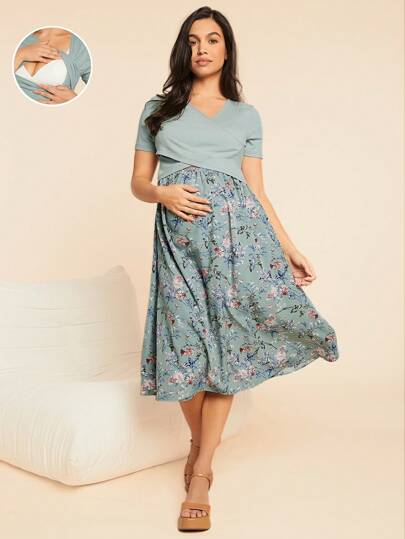 Green Floral Print Nursing Dress Midi V Neck Short Sleeve Criss Cross Maternity Dress with Pockets and High Stretch Knitted Fabric