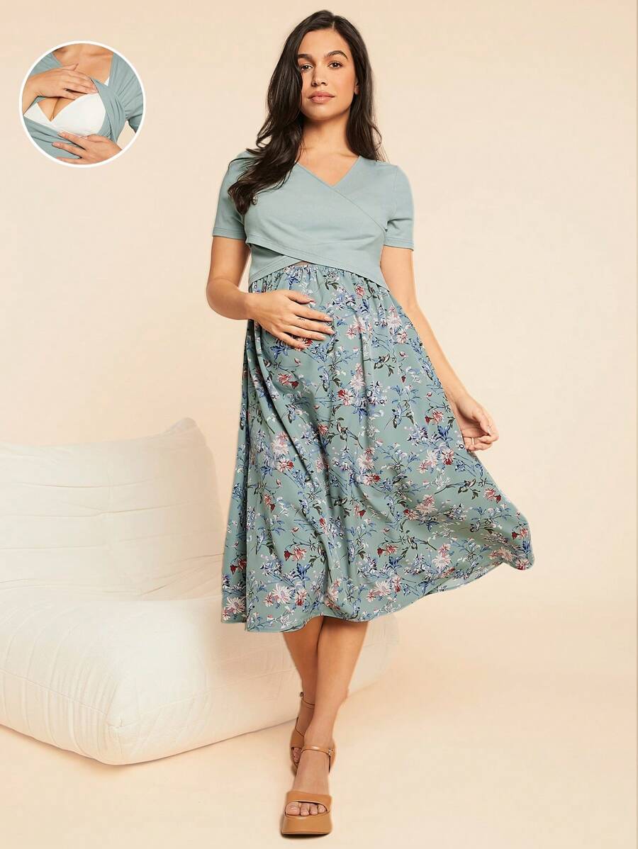 Green Floral Print Nursing Dress Midi V Neck Short Sleeve Criss Cross Maternity Dress with Pockets and High Stretch Knitted Fabric