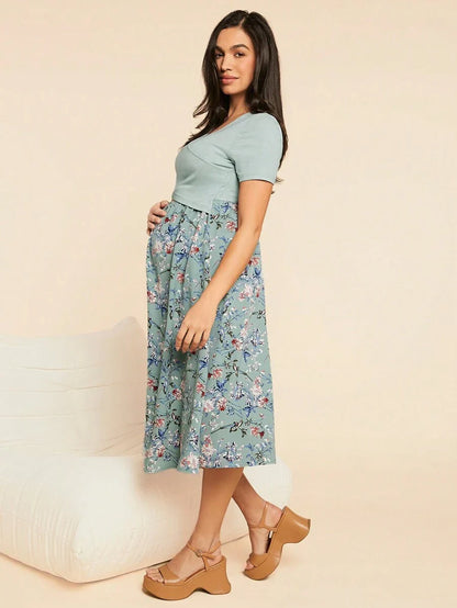 Green Floral Print Nursing Dress Midi V Neck Short Sleeve Criss Cross Maternity Dress with Pockets and High Stretch Knitted Fabric