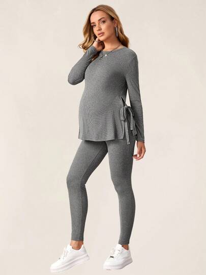 Maternity Grey Long Sleeve Tee and Knot Side Leggings Set - Casual Round Neck Two Piece Lounge Outfit for Spring and Fall