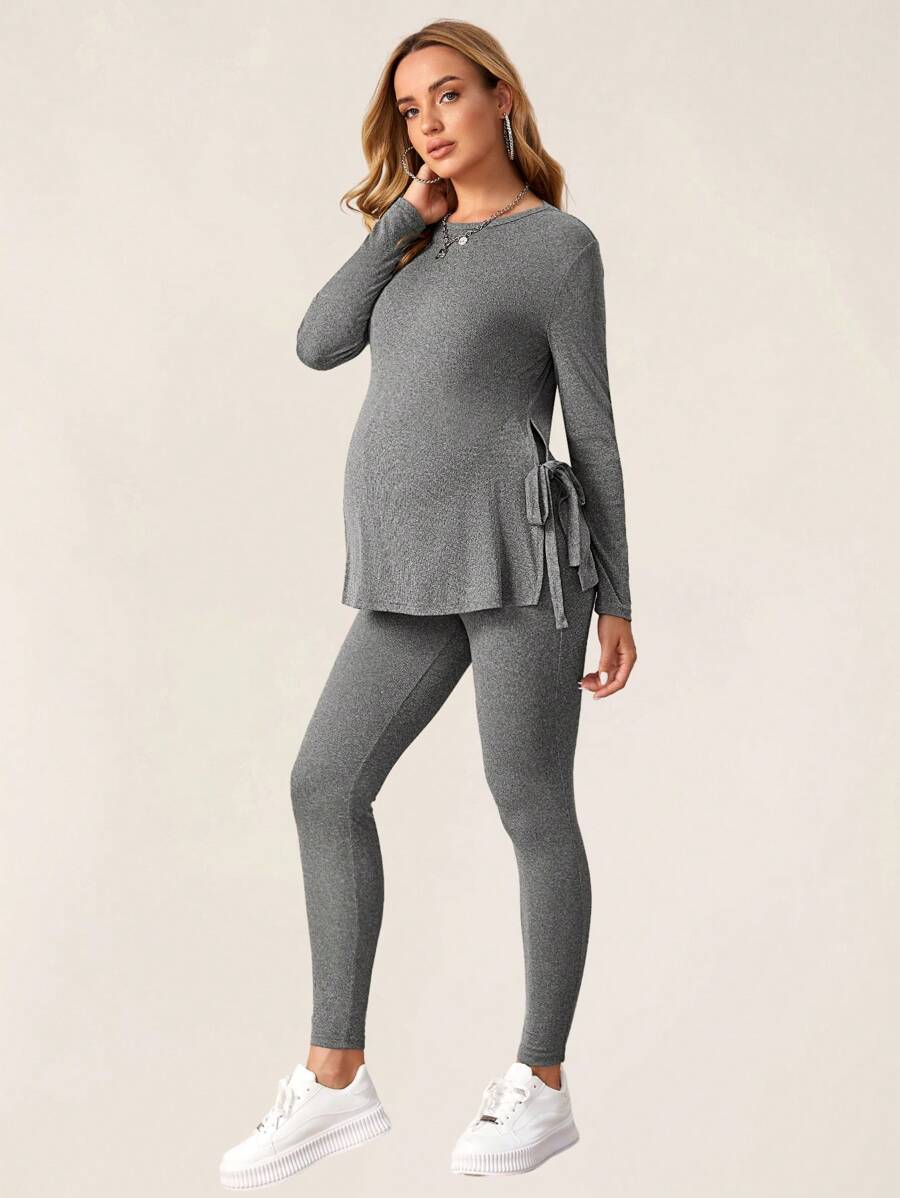 Maternity Grey Long Sleeve Tee and Knot Side Leggings Set - Casual Round Neck Two Piece Lounge Outfit for Spring and Fall