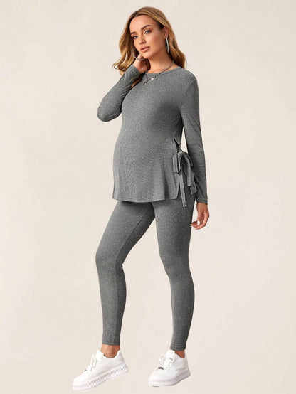 Maternity Grey Long Sleeve Tee and Knot Side Leggings Set - Casual Round Neck Two Piece Lounge Outfit for Spring and Fall