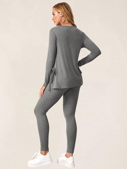 Maternity Grey Long Sleeve Tee and Knot Side Leggings Set - Casual Round Neck Two Piece Lounge Outfit for Spring and Fall