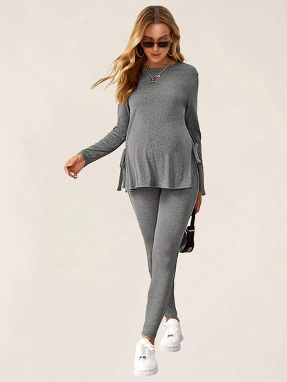 Maternity Grey Long Sleeve Tee and Knot Side Leggings Set - Casual Round Neck Two Piece Lounge Outfit for Spring and Fall