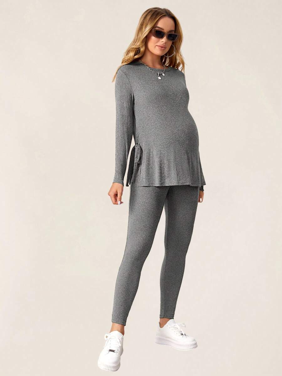 Maternity Grey Long Sleeve Tee and Knot Side Leggings Set - Casual Round Neck Two Piece Lounge Outfit for Spring and Fall
