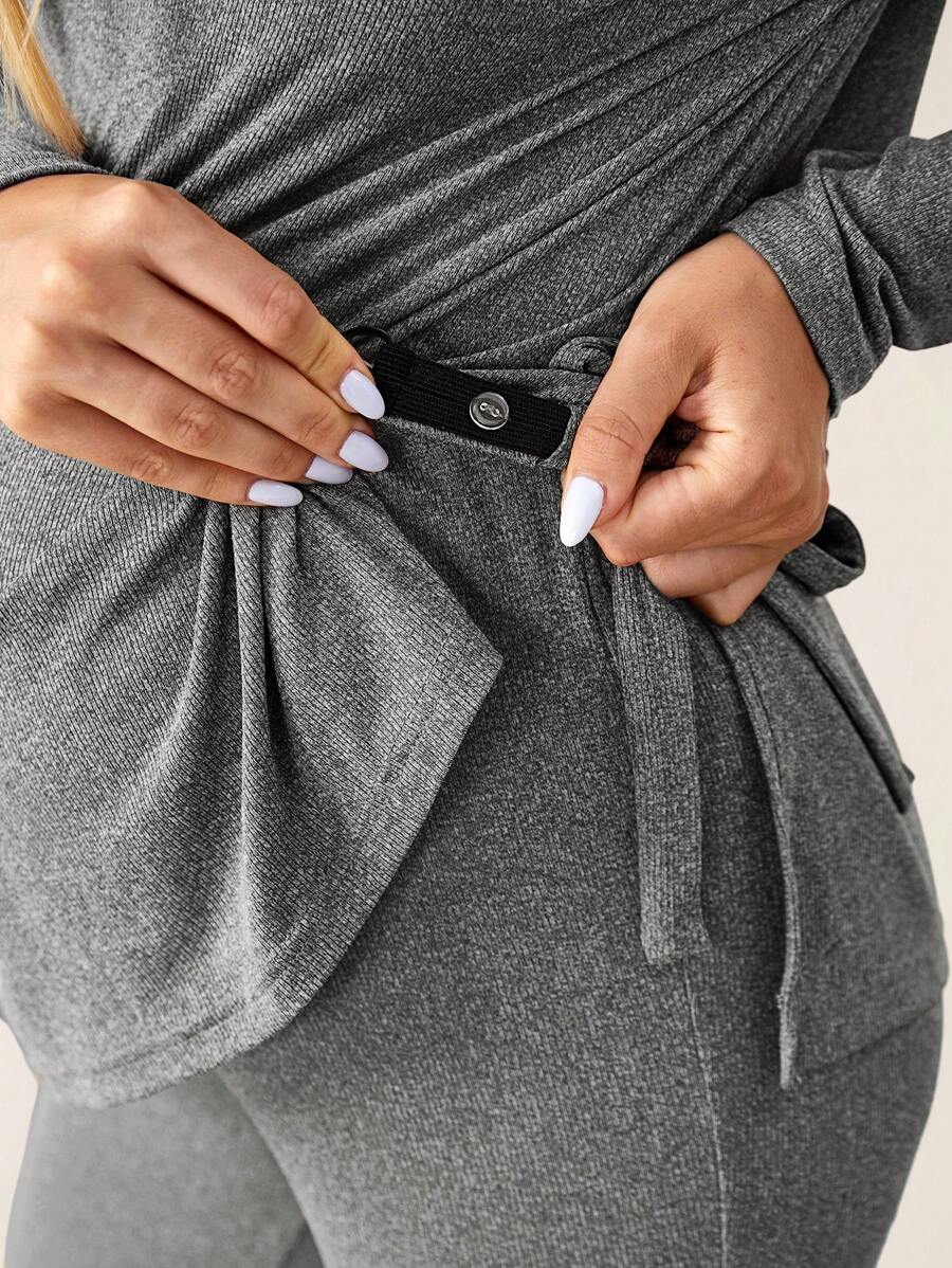 Maternity Grey Long Sleeve Tee and Knot Side Leggings Set - Casual Round Neck Two Piece Lounge Outfit for Spring and Fall