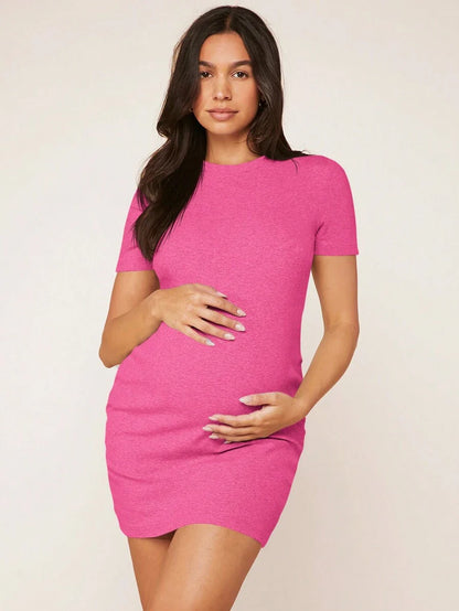 Maternity Round Neck Short Sleeve Rib-Knit Mini Bodycon Dress Slim Fit Breathable Casual Everyday Maternity Outfit