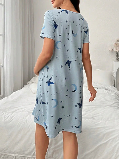 Maternity Butterfly Moon Star Print Button Front Pajama Dress Women Short Sleeve Sleepwear