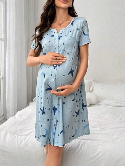 Maternity Butterfly Moon Star Print Button Front Pajama Dress Women Short Sleeve Sleepwear