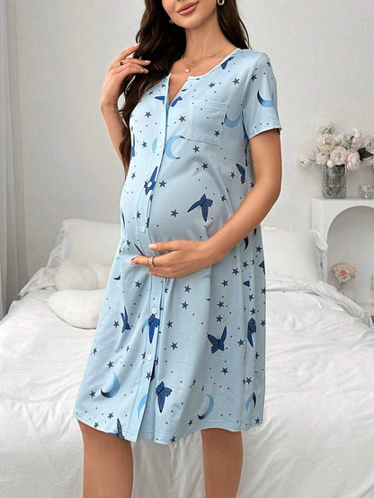 Maternity Butterfly Moon Star Print Button Front Pajama Dress Women Short Sleeve Sleepwear