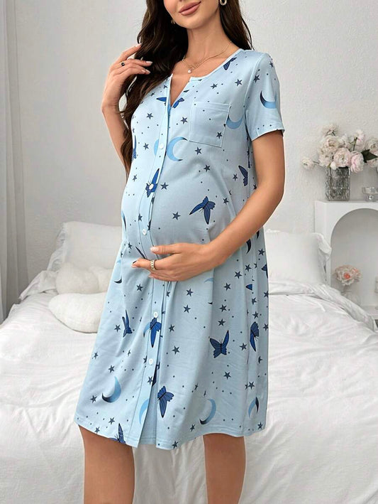 Maternity Butterfly Moon Star Print Button Front Pajama Dress Women Short Sleeve Sleepwear