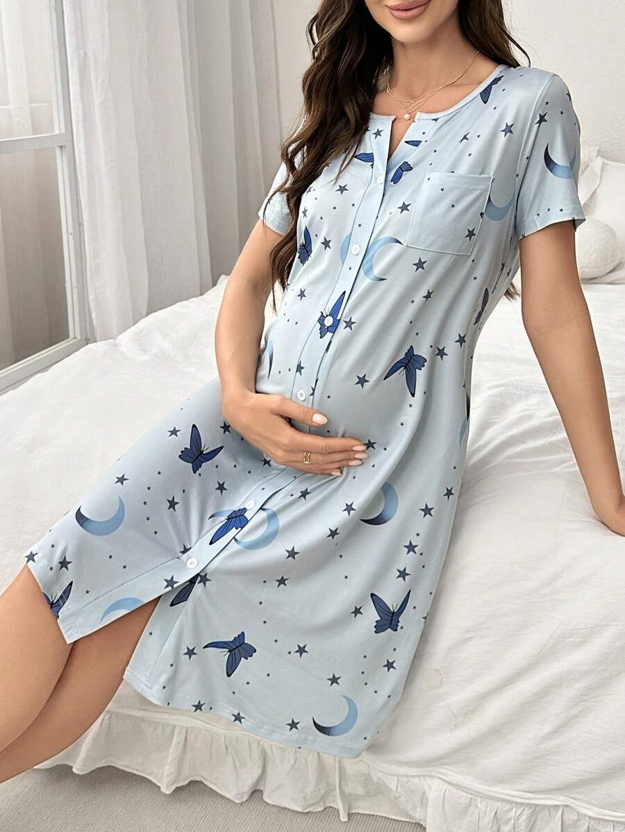 Maternity Butterfly Moon Star Print Button Front Pajama Dress Women Short Sleeve Sleepwear
