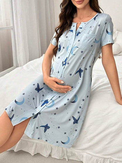 Maternity Butterfly Moon Star Print Button Front Pajama Dress Women Short Sleeve Sleepwear
