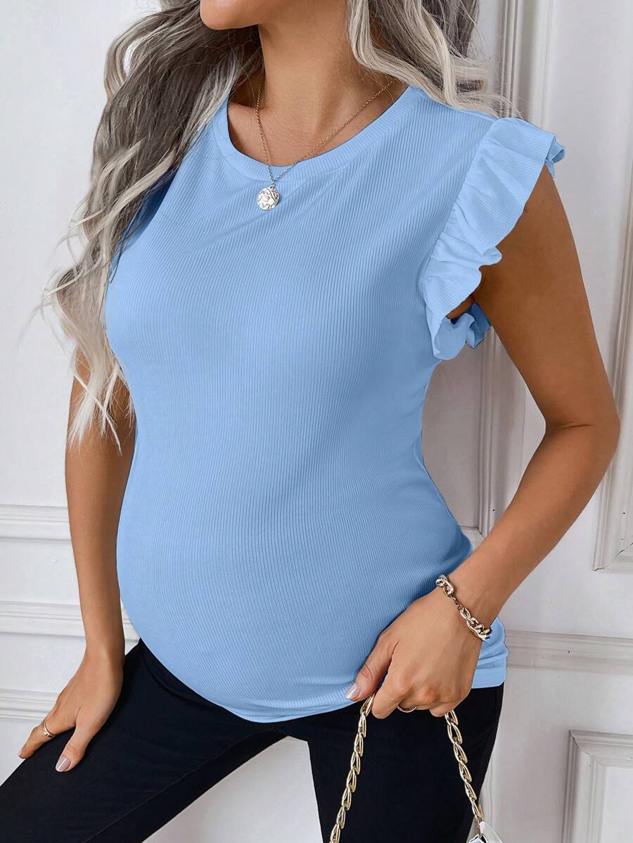 Maternity White Rib Knit Flutter Sleeve Top Slim Fit Ruffle Trim Summer Blouse for Daily Wear & Casual Outfits