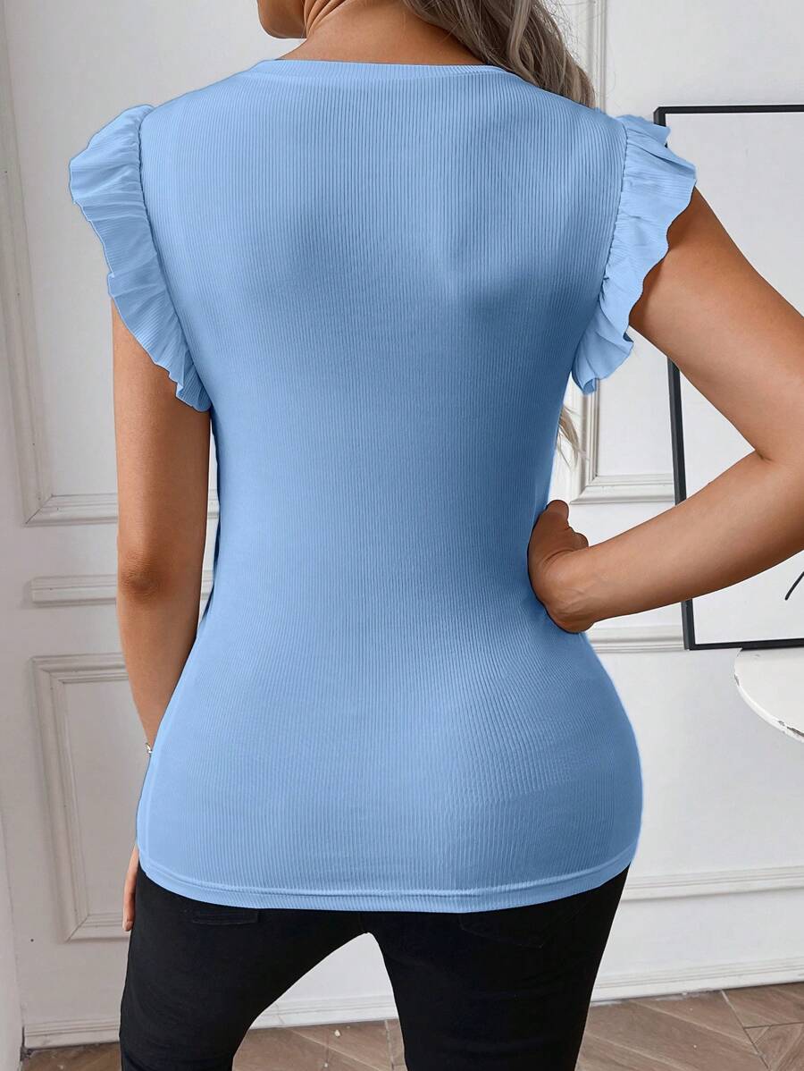 Maternity White Rib Knit Flutter Sleeve Top Slim Fit Ruffle Trim Summer Blouse for Daily Wear & Casual Outfits