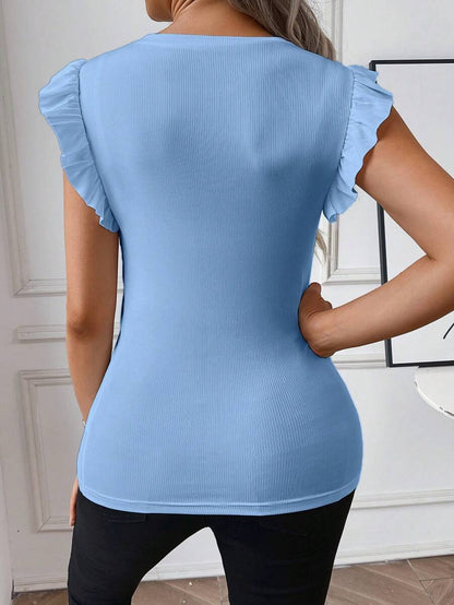 Maternity White Rib Knit Flutter Sleeve Top Slim Fit Ruffle Trim Summer Blouse for Daily Wear & Casual Outfits