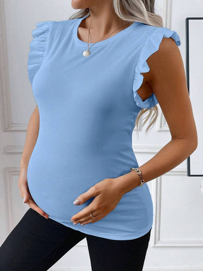 Maternity White Rib Knit Flutter Sleeve Top Slim Fit Ruffle Trim Summer Blouse for Daily Wear & Casual Outfits