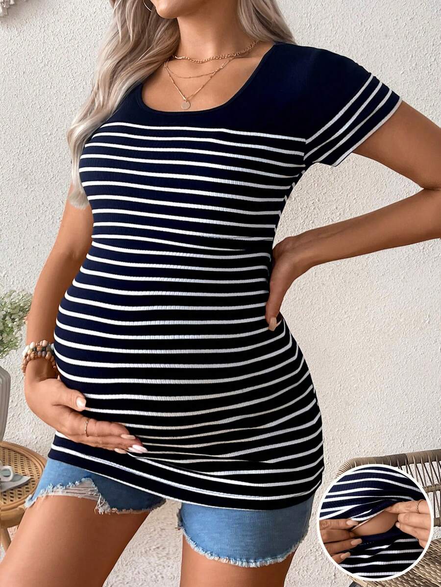 Maternity Striped Short Sleeve Nursing T-Shirt Brown Scoop Neck High Stretch Slim Fit Casual Summer Beach Nursing Top
