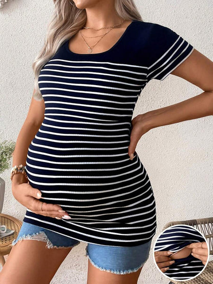 Maternity Striped Short Sleeve Nursing T-Shirt Brown Scoop Neck High Stretch Slim Fit Casual Summer Beach Nursing Top