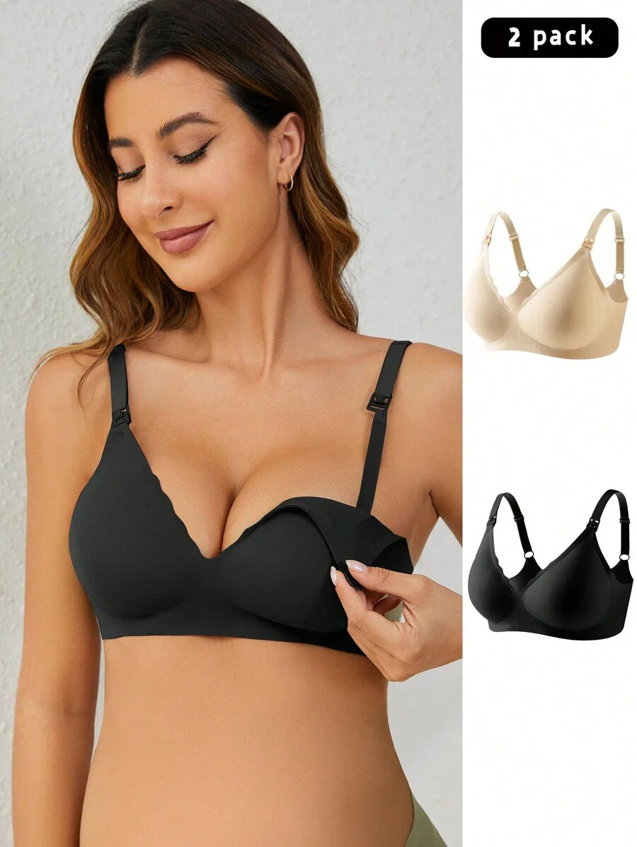 Maternity Nursing Bra 2 Pack - Seamless Solid Color Wireless Breastfeeding, Pregnancy Postpartum