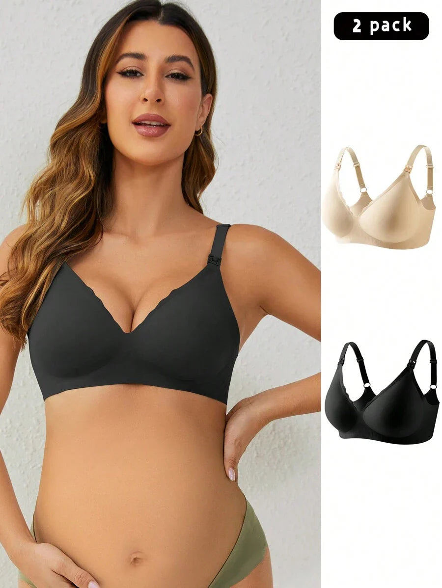 Maternity Nursing Bra 2 Pack - Seamless Solid Color Wireless Breastfeeding, Pregnancy Postpartum