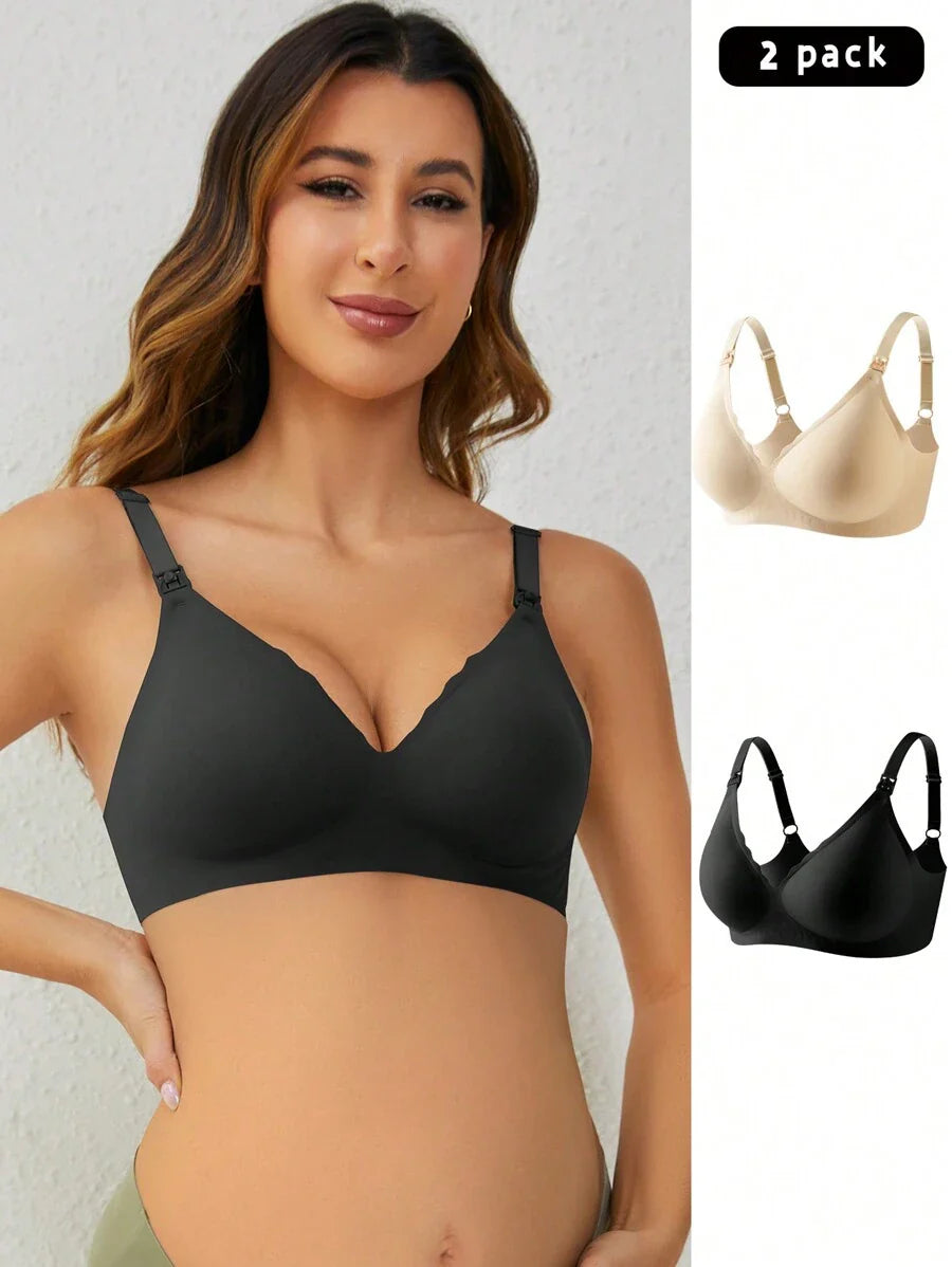 Maternity Nursing Bra 2 Pack - Seamless Solid Color Wireless Breastfeeding, Pregnancy Postpartum