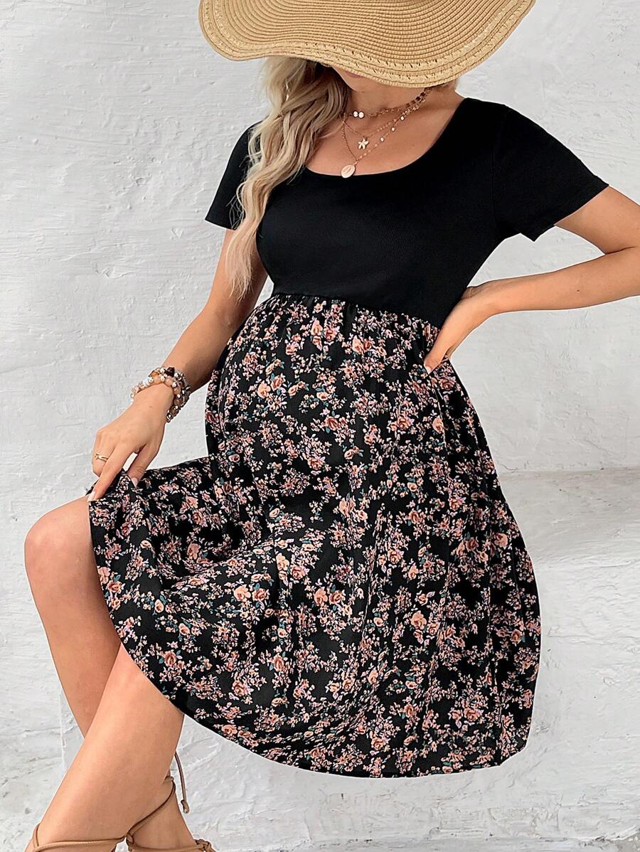 Boho Navy Blue Ditsy Floral Maternity Dress - Short Sleeve Scoop Neck High Waist A-Line Ruffle Hem Vacation Mini