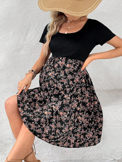 Boho Navy Blue Ditsy Floral Maternity Dress - Short Sleeve Scoop Neck High Waist A-Line Ruffle Hem Vacation Mini