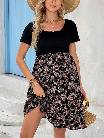 Boho Navy Blue Ditsy Floral Maternity Dress - Short Sleeve Scoop Neck High Waist A-Line Ruffle Hem Vacation Mini