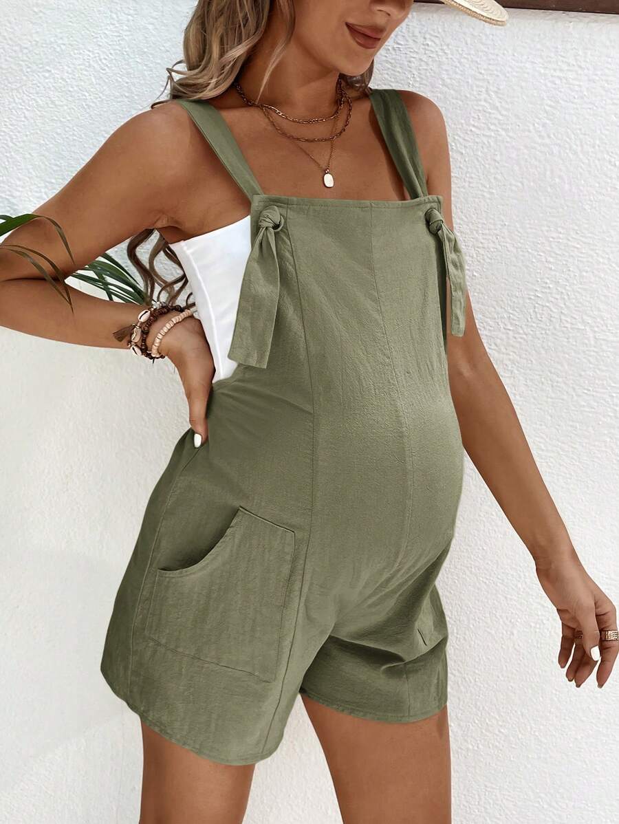 Pink Minimalist Backless Maternity Jumpsuit - 100% Cotton Loose Fit Short Overalls with Pockets - Summer Beach Casual Sleeveless One Piece