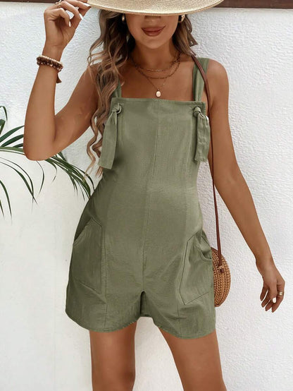 Pink Minimalist Backless Maternity Jumpsuit - 100% Cotton Loose Fit Short Overalls with Pockets - Summer Beach Casual Sleeveless One Piece