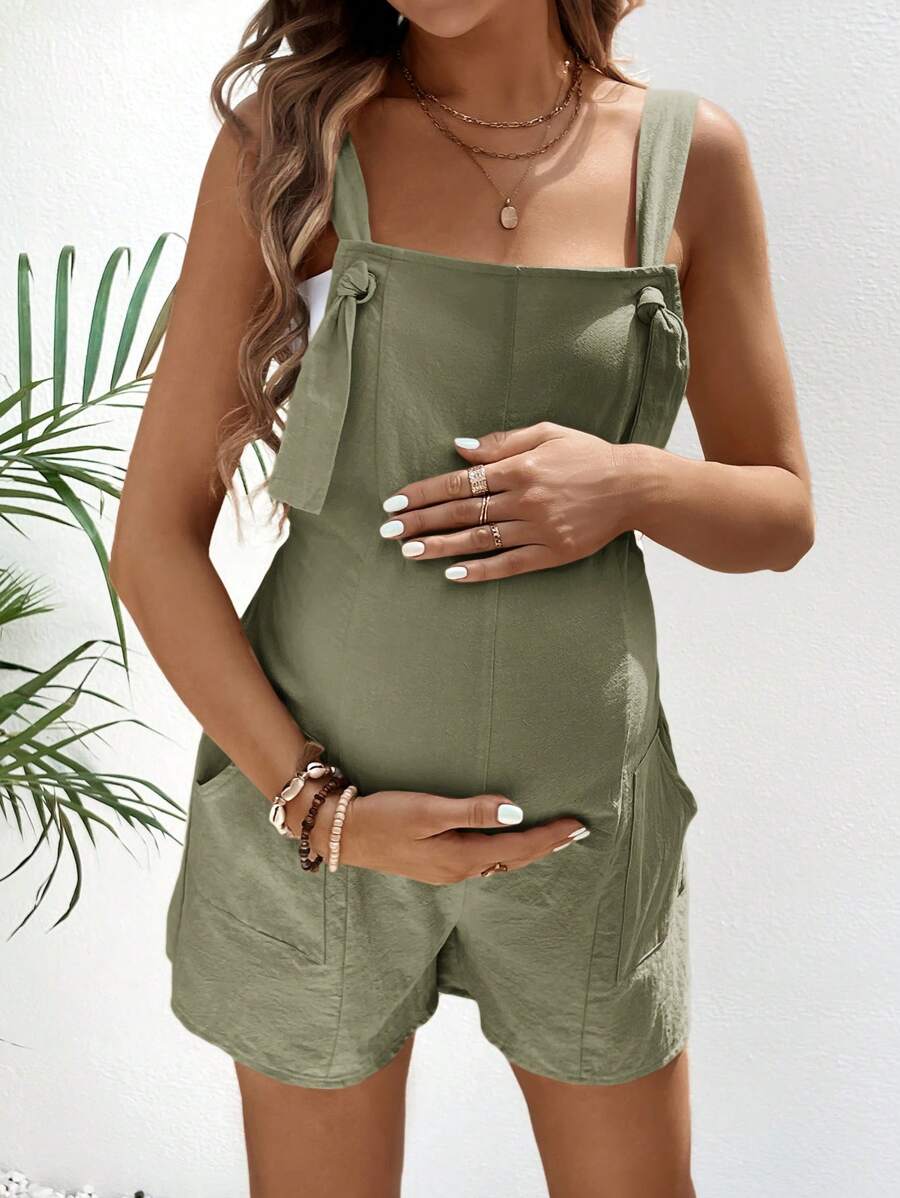 Pink Minimalist Backless Maternity Jumpsuit - 100% Cotton Loose Fit Short Overalls with Pockets - Summer Beach Casual Sleeveless One Piece