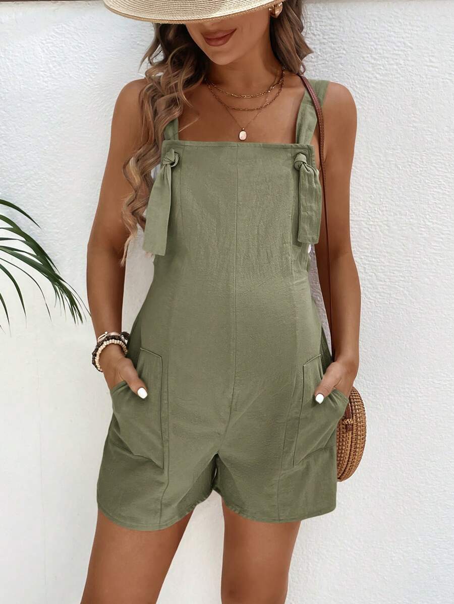Pink Minimalist Backless Maternity Jumpsuit - 100% Cotton Loose Fit Short Overalls with Pockets - Summer Beach Casual Sleeveless One Piece