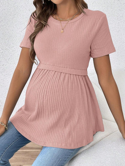 Elegant Romantic Gender Reveal Party Round Neck Short Sleeve Maternity T-Shirt in Lilac Purple Ruffle Hem Slim Fit Cotton Tee