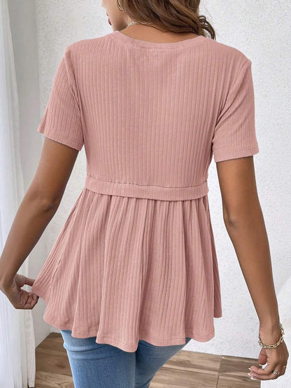 Romantic Ruffle Hem Maternity T-Shirt - Elegant Short Sleeve Round Neck Black Slim Fit Cotton Knit Top for Gender Reveal & Daily Wear
