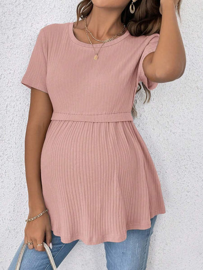 Romantic Ruffle Hem Maternity T-Shirt - Elegant Short Sleeve Round Neck Black Slim Fit Cotton Knit Top for Gender Reveal & Daily Wear