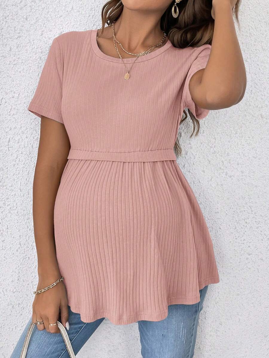 Elegant Romantic Gender Reveal Party Round Neck Short Sleeve Maternity T-Shirt in Lilac Purple Ruffle Hem Slim Fit Cotton Tee