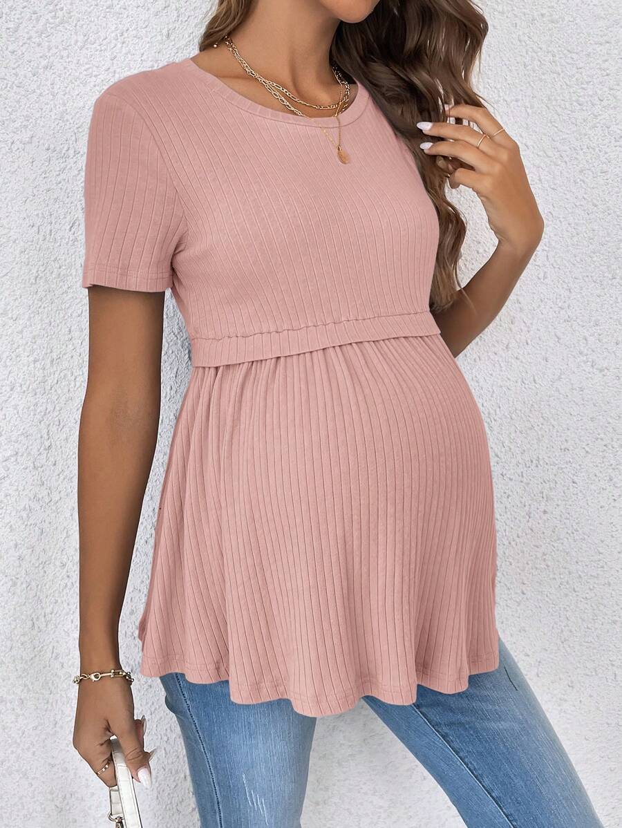 Romantic Ruffle Hem Maternity T-Shirt - Elegant Short Sleeve Round Neck Black Slim Fit Cotton Knit Top for Gender Reveal & Daily Wear