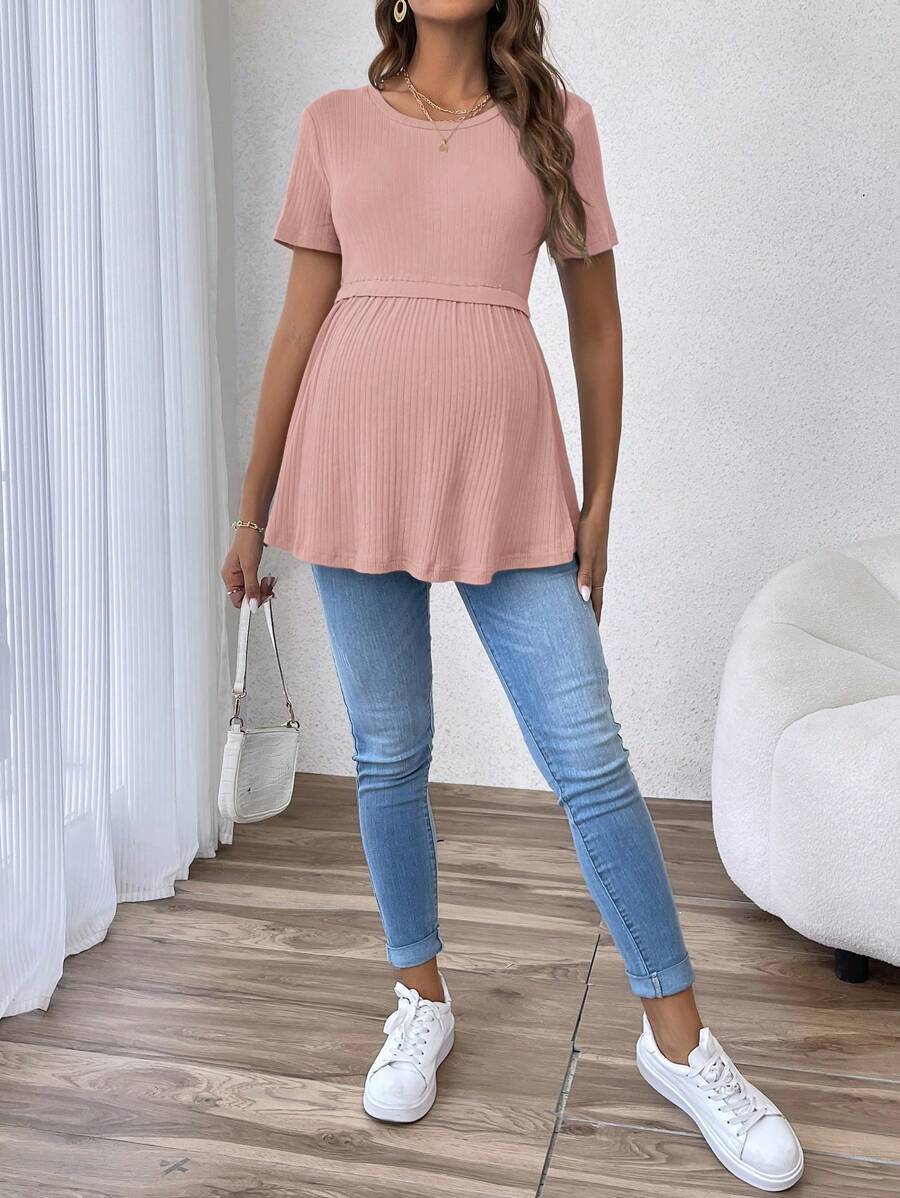 Elegant Romantic Gender Reveal Party Round Neck Short Sleeve Maternity T-Shirt in Lilac Purple Ruffle Hem Slim Fit Cotton Tee