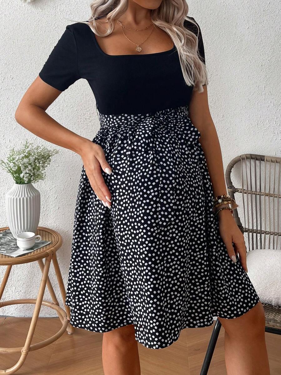 Green Ditsy Floral Maternity Summer Dress - Square Neck Short Sleeve A-Line High Waist Casual Beach Mini Dress