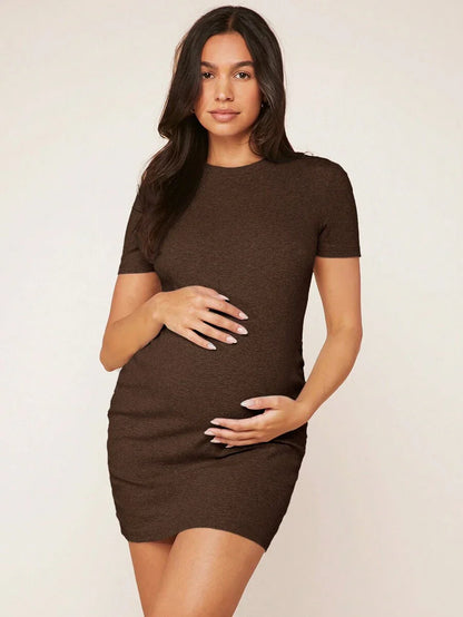 Maternity Round Neck Short Sleeve Rib-Knit Mini Bodycon Dress Slim Fit Breathable Casual Everyday Maternity Outfit